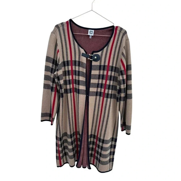 Anne Klein Womens Plaid Pattern Long Cardigan Brown Size XL - Picture 1 of 10